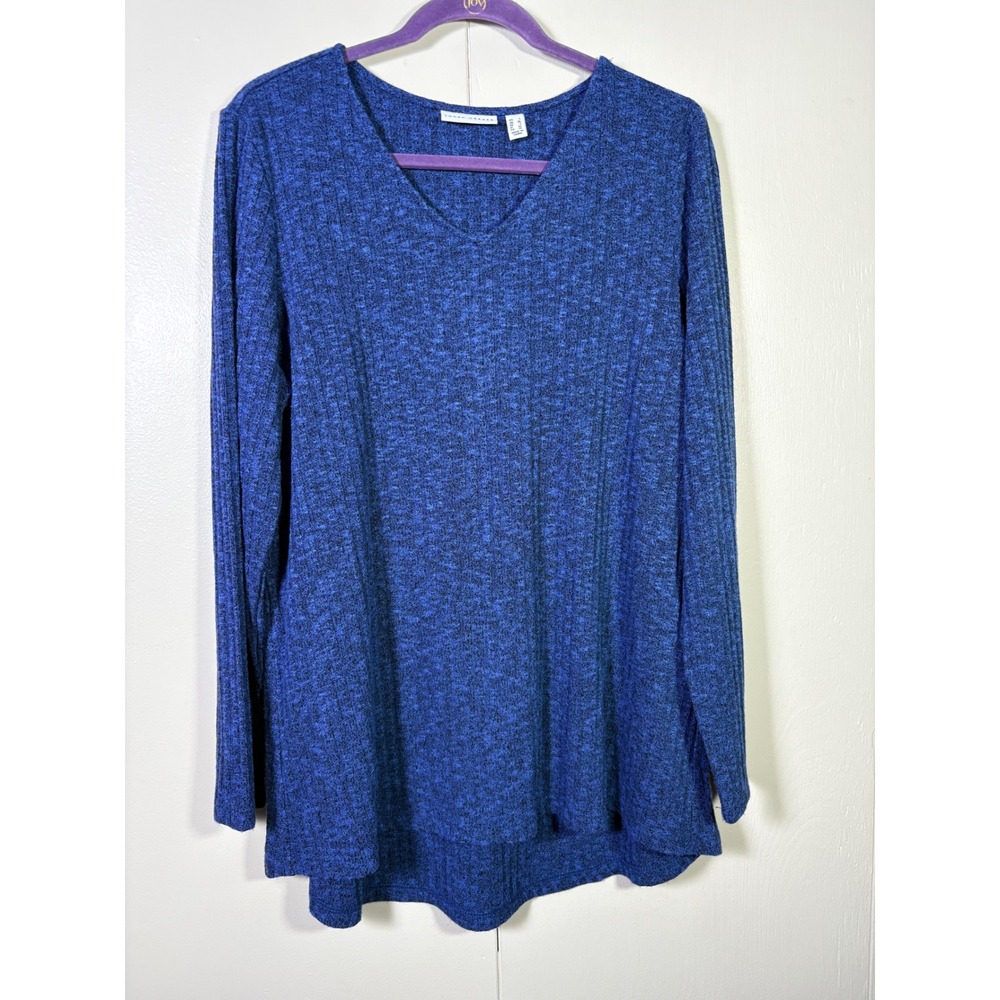 Susan Graver Blue Space Dye Ribbed V-Neck Long Sleeve Tunic Top L Coastal Soft